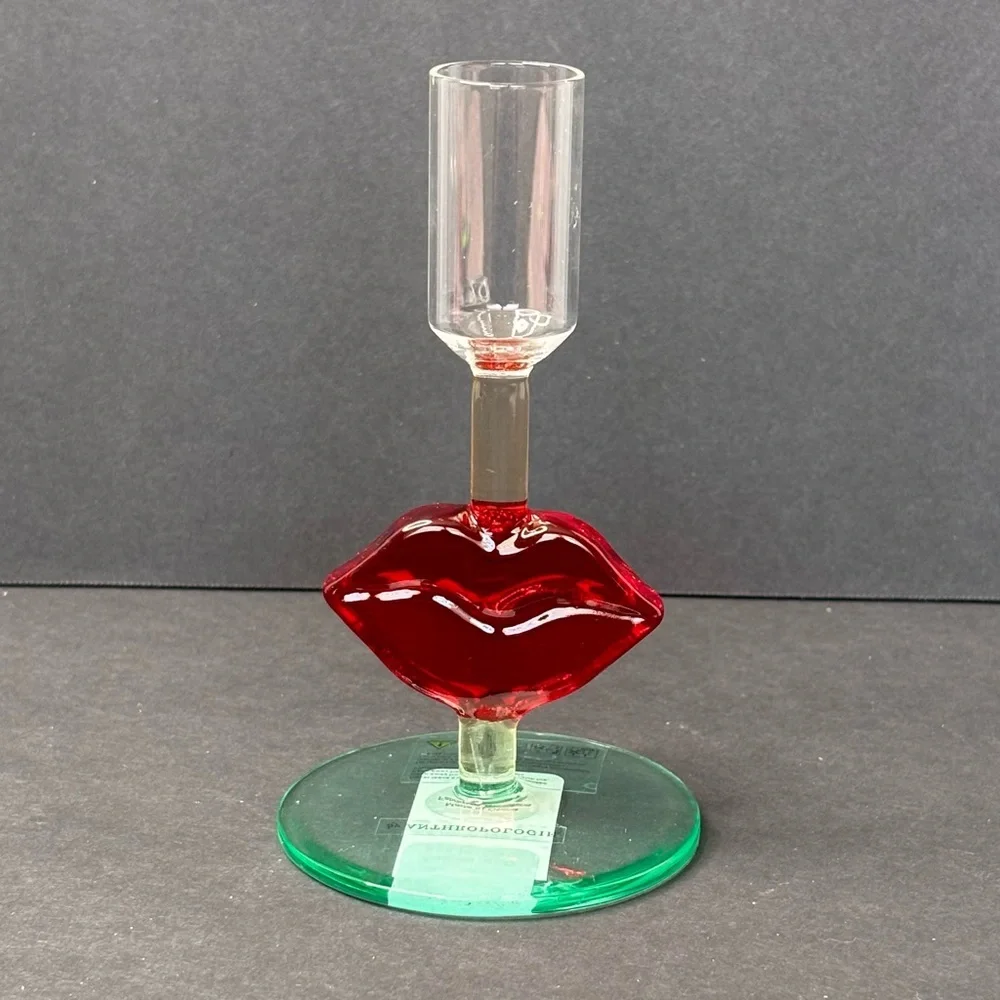 NWT Anthropologie Ceci Glass Candle Holder With Red Lips 5.25”